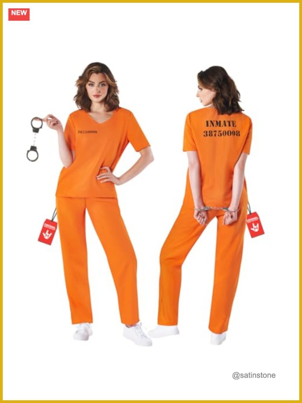 Prisoner Costume Set Orange Inmate Top Pants Handcuffs Halloween